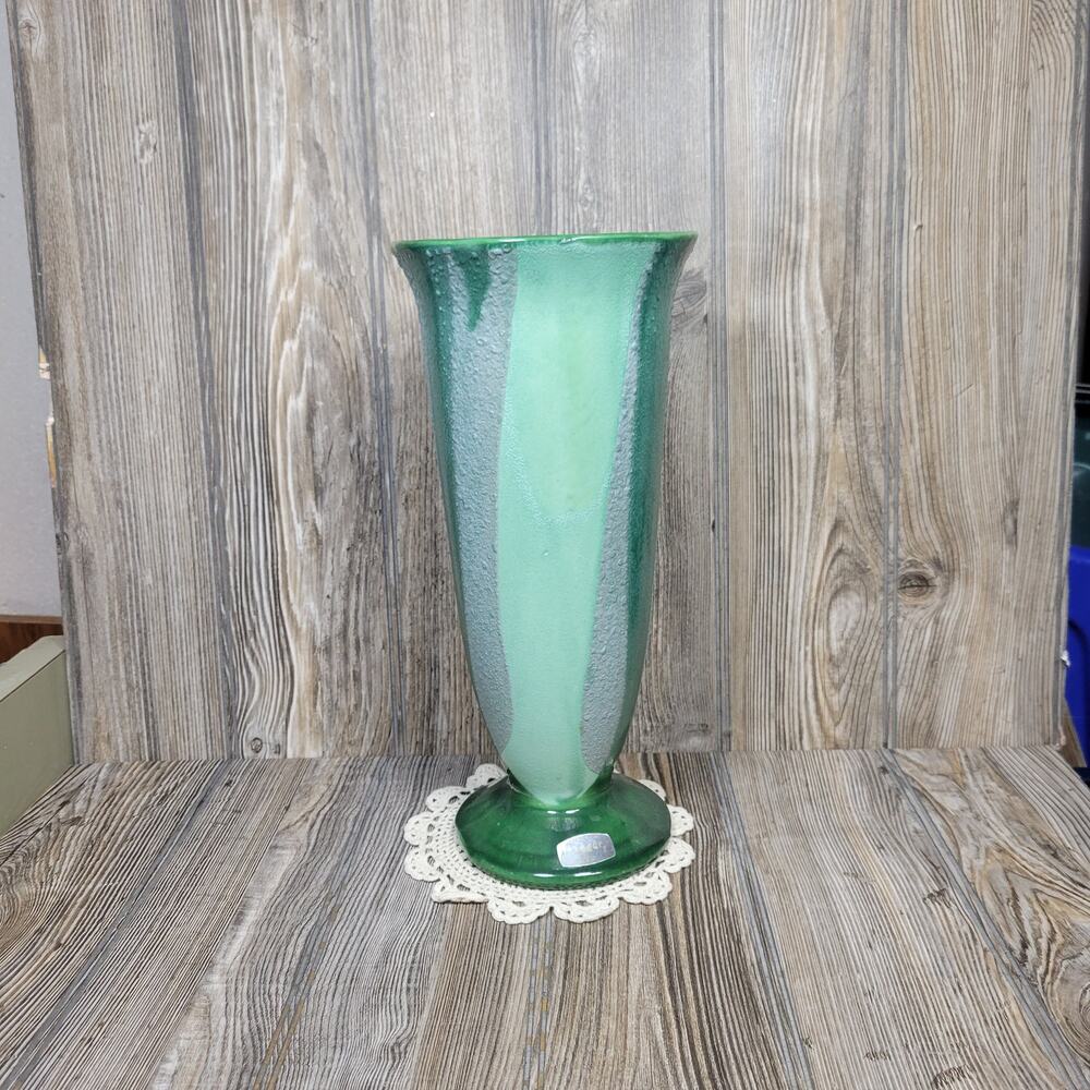 Vintage Haeger Green Pottery Trumpet Vase Mid Century Modern Pedestal Planter